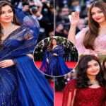 Aishwarya Rai Bachchan posing at Cannes 2026 red carpet in a sparkling blue designer gown with elegant diamond jewellery.