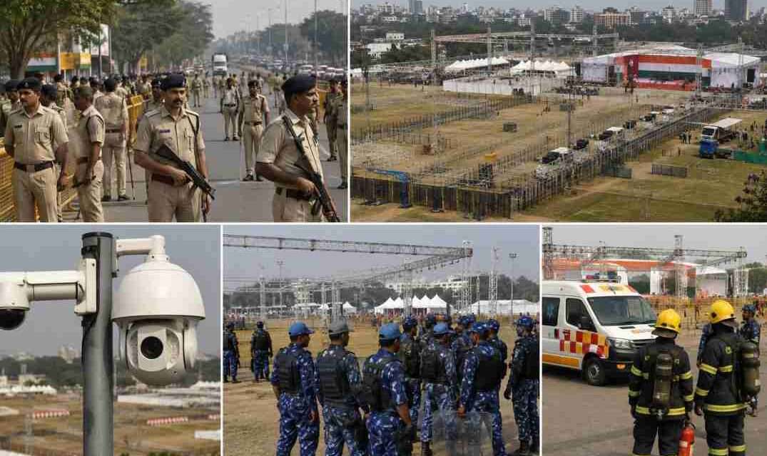 गांधी मैदान के चारों ओर तैनात पुलिस बल, बैरिकेडिंग और निगरानी कैमरों के साथ सुरक्षा का व्यापक दृश्य