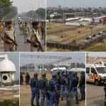 गांधी मैदान के चारों ओर तैनात पुलिस बल, बैरिकेडिंग और निगरानी कैमरों के साथ सुरक्षा का व्यापक दृश्य