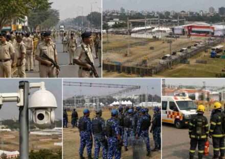 गांधी मैदान के चारों ओर तैनात पुलिस बल, बैरिकेडिंग और निगरानी कैमरों के साथ सुरक्षा का व्यापक दृश्य