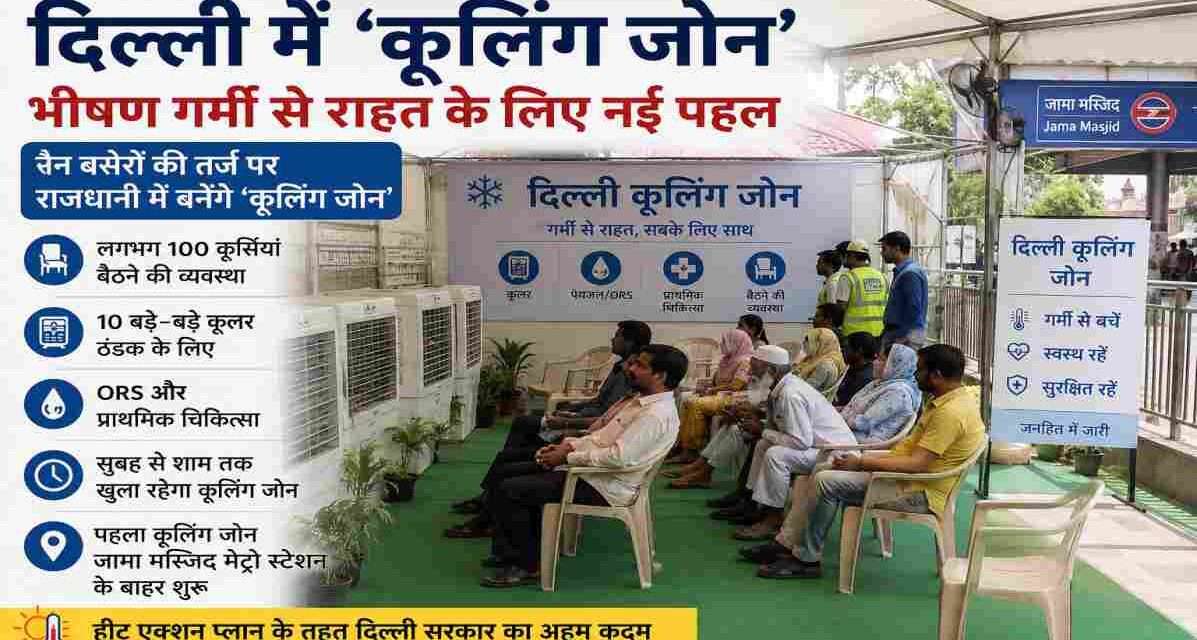 जामा मस्जिद मेट्रो स्टेशन के पास बना कूलिंग जोन, जहां लोग कूलर और बैठने की सुविधा के साथ आराम कर रहे हैं।