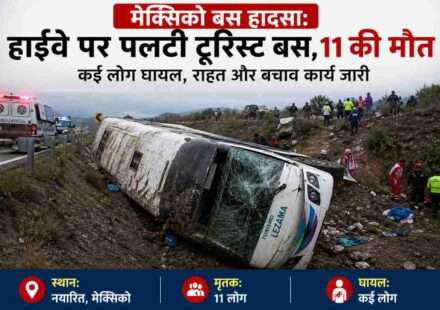 हाईवे से नीचे गिरी टूरिस्ट बस, आसपास राहत कार्य करते लोग और पुलिस टीम Alt Text: मेक्सिको बस हादसा में पलटी टूरिस्ट बस
