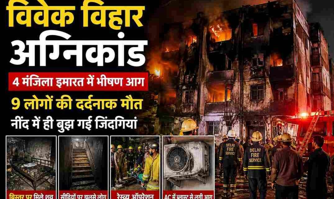 विवेक विहार अग्निकांड में जली हुई इमारत का दृश्य