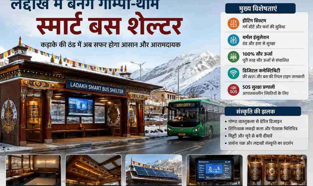 बर्फीले लद्दाख क्षेत्र में पारंपरिक गोम्पा डिजाइन पर आधारित आधुनिक स्मार्ट बस शेल्टर, जिसमें सौर पैनल और डिजिटल स्क्रीन दिखाई दे रही हैं।