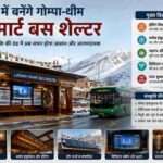 बर्फीले लद्दाख क्षेत्र में पारंपरिक गोम्पा डिजाइन पर आधारित आधुनिक स्मार्ट बस शेल्टर, जिसमें सौर पैनल और डिजिटल स्क्रीन दिखाई दे रही हैं।