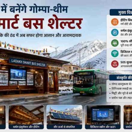 बर्फीले लद्दाख क्षेत्र में पारंपरिक गोम्पा डिजाइन पर आधारित आधुनिक स्मार्ट बस शेल्टर, जिसमें सौर पैनल और डिजिटल स्क्रीन दिखाई दे रही हैं।