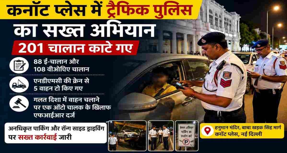 कनॉट प्लेस ट्रैफिक अभियान में पुलिस द्वारा चालान और वाहन चेकिंग
