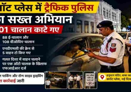 कनॉट प्लेस ट्रैफिक अभियान में पुलिस द्वारा चालान और वाहन चेकिंग