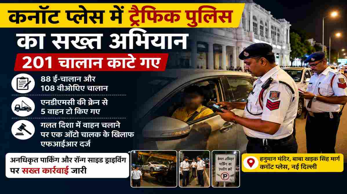 कनॉट प्लेस ट्रैफिक अभियान | नियम तोड़ने वालों पर सख्ती, 201 चालान काटे