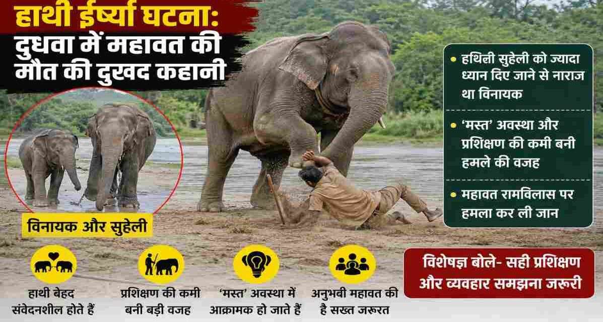 जंगल क्षेत्र में नदी किनारे खड़े हाथी और उनके साथ महावत, जो वन्यजीव प्रबंधन को दर्शाता है।