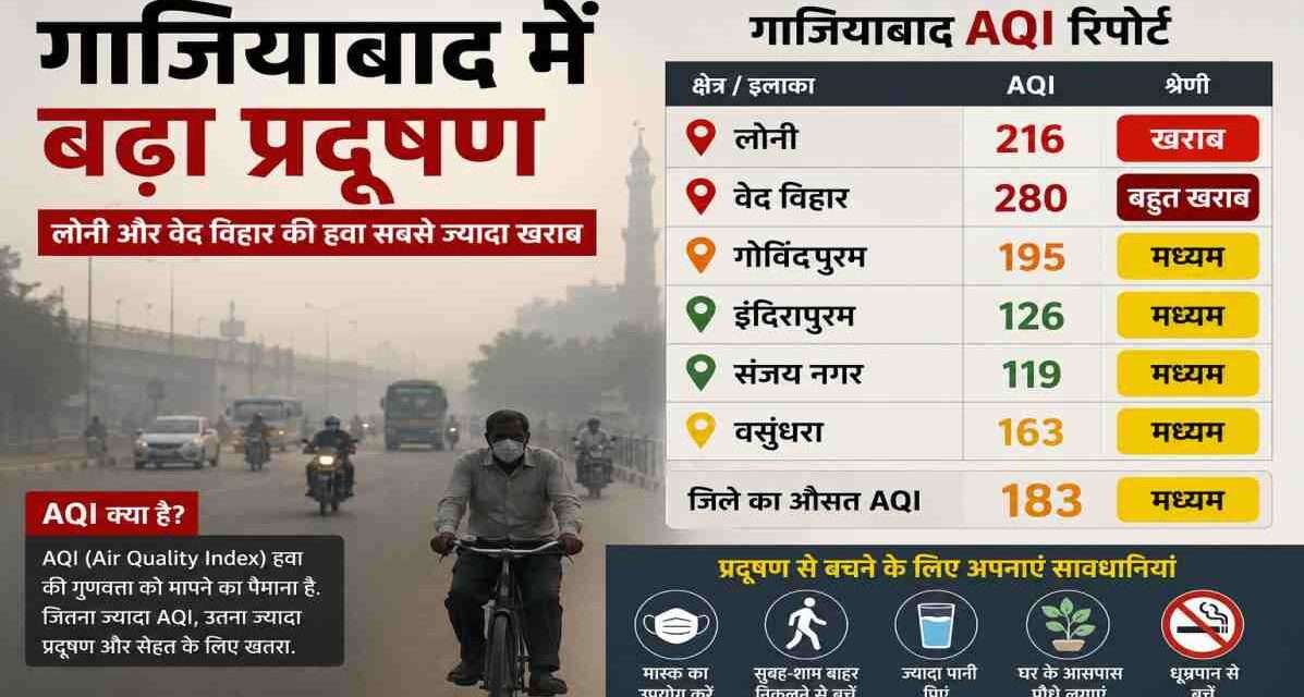 गाजियाबाद के लोनी और वेद विहार क्षेत्र में बढ़ते AQI स्तर को दिखाती प्रदूषण प्रभावित सड़क और धुंध वाला दृश्य।