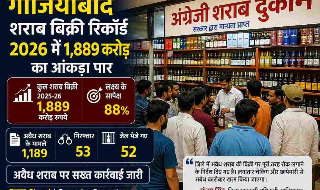 गाजियाबाद शहर की एक लाइसेंसी शराब दुकान का दृश्य, जहां ग्राहकों की भीड़ दिखाई दे रही है और बिक्री बढ़ती नजर आ रही है।