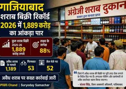 गाजियाबाद शहर की एक लाइसेंसी शराब दुकान का दृश्य, जहां ग्राहकों की भीड़ दिखाई दे रही है और बिक्री बढ़ती नजर आ रही है।