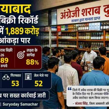 गाजियाबाद शहर की एक लाइसेंसी शराब दुकान का दृश्य, जहां ग्राहकों की भीड़ दिखाई दे रही है और बिक्री बढ़ती नजर आ रही है।