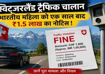 स्विट्जरलैंड की सड़क पर चलती कार, ट्रैफिक कैमरा और जुर्माने का नोटिस दिखाता हुआ प्रतिनिधिक दृश्य, जो भारतीय पर्यटक को मिले ₹1.5 लाख के चालान मामले को दर्शाता है।