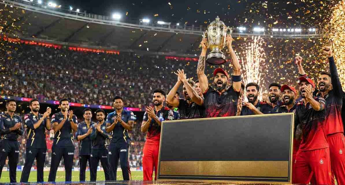 अहमदाबाद में आईपीएल 2026 फाइनल जीतने के बाद ट्रॉफी और 20 करोड़ रुपये की पुरस्कार राशि के साथ जश्न मनाती रॉयल चैलेंजर्स बेंगलुरु (RCB) टीम।
