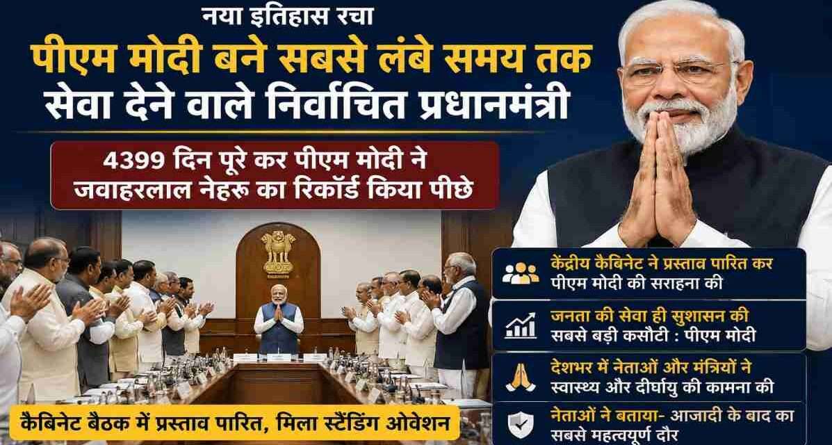 केंद्रीय कैबिनेट बैठक के दौरान प्रधानमंत्री नरेंद्र मोदी का सम्मान किया गया। 4399 दिन पूरे करने पर उन्हें भारत का सबसे लंबे समय तक सेवा देने वाला निर्वाचित प्रधानमंत्री बताया गया।