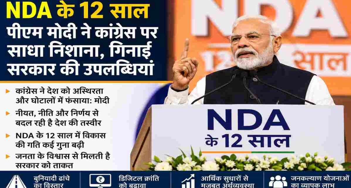 नई दिल्ली में NDA के 12 साल पूरे होने पर आयोजित कार्यक्रम में प्रधानमंत्री नरेंद्र मोदी नेताओं को संबोधित करते हुए।