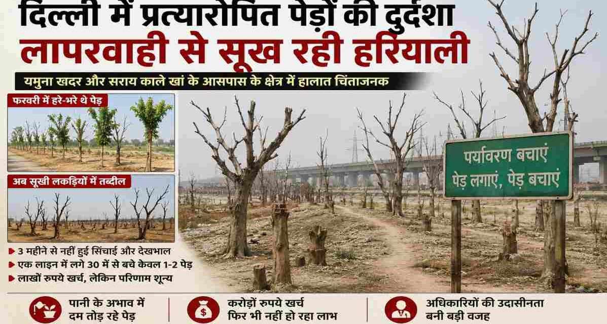 दिल्ली के यमुना खादर में विकास परियोजनाओं के दौरान लगाए गए प्रत्यारोपित पेड़ रखरखाव के अभाव में सूखते हुए दिखाई दे रहे हैं। कई पेड़ पूरी तरह ठूंठ बन चुके हैं।