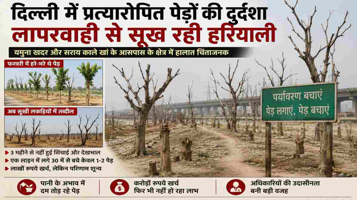 प्रत्यारोपित पेड़ों की दुर्दशा | दिल्ली में लापरवाही से सूख रहे सैकड़ों पेड़