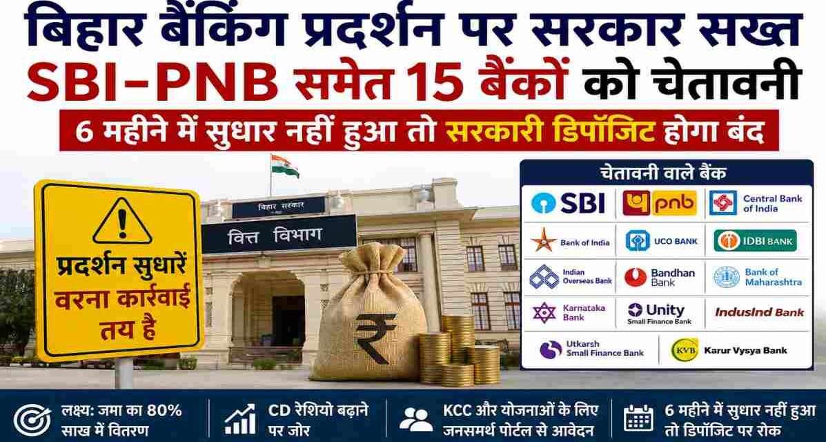 बिहार सचिवालय की पृष्ठभूमि में SBI, PNB और अन्य बैंकों के प्रतीक चिन्ह, सरकारी चेतावनी और बैंकिंग प्रदर्शन समीक्षा को दर्शाती हुई तस्वीर।