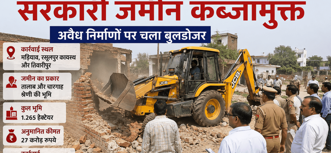 नगर निगम और तहसील प्रशासन द्वारा लखनऊ में सरकारी जमीन से अवैध कब्जे हटाने के दौरान बुलडोजर कार्रवाई का दृश्य।