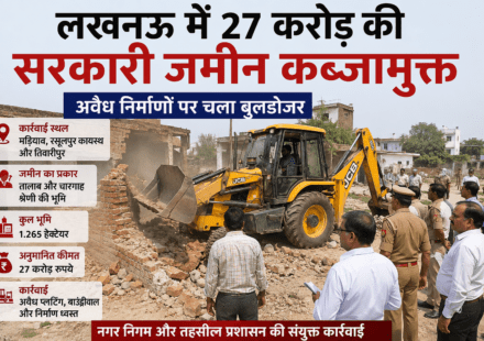 नगर निगम और तहसील प्रशासन द्वारा लखनऊ में सरकारी जमीन से अवैध कब्जे हटाने के दौरान बुलडोजर कार्रवाई का दृश्य।