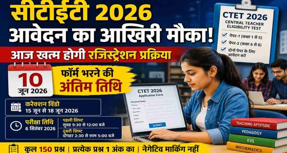 CTET 2026 Registration Last Date के अंतिम दिन ऑनलाइन आवेदन करते अभ्यर्थी। CBSE द्वारा आयोजित CTET परीक्षा 6 सितंबर 2026 को होगी। उम्मीदवार आधिकारिक वेबसाइट पर आवेदन प्रक्रिया पूरी कर सकते हैं।