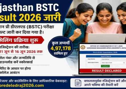 राजस्थान BSTC रिजल्ट जारी होने के बाद छात्र ऑनलाइन स्कोरकार्ड डाउनलोड करते हुए और काउंसिलिंग प्रक्रिया की तैयारी करते हुए।