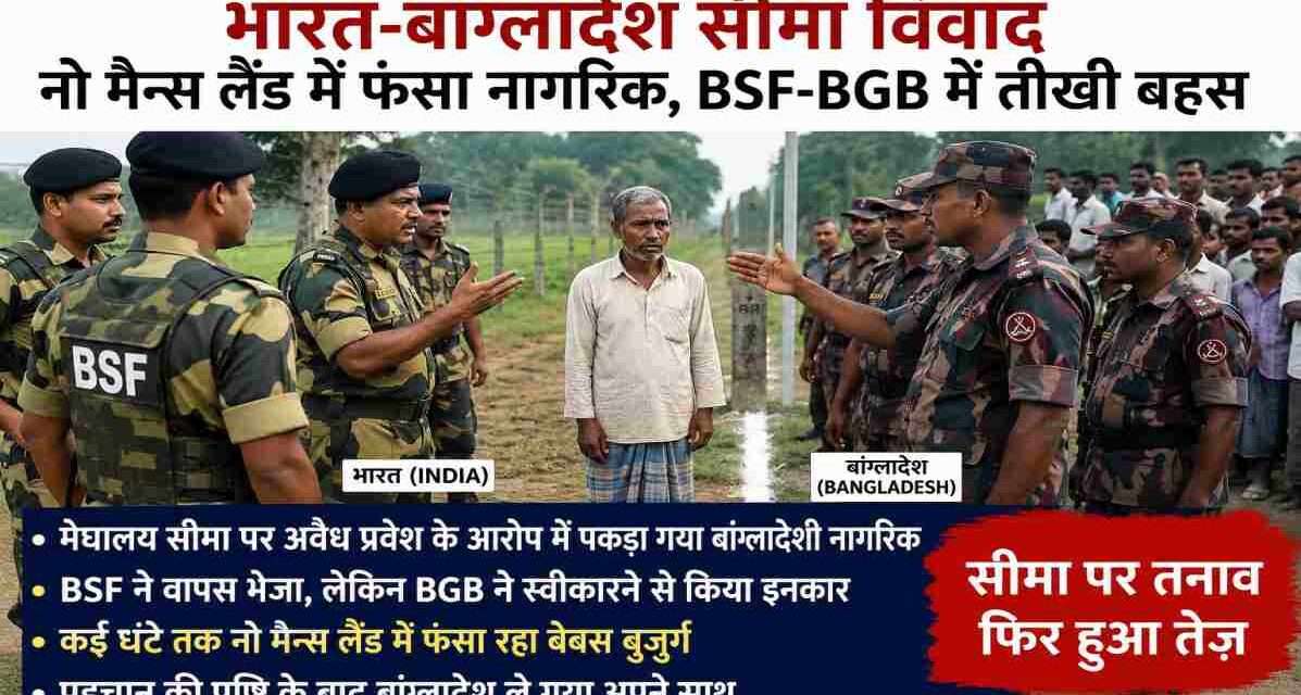मेघालय के नंदीरचार सीमा क्षेत्र में BSF और BGB के बीच पहचान विवाद के दौरान नो मैन्स लैंड में खड़ा एक बांग्लादेशी नागरिक।