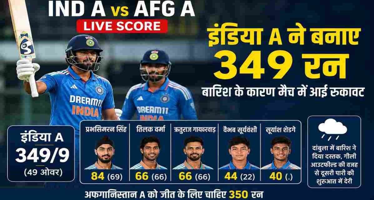 दांबुला में खेले गए IND A vs AFG A Live Score मुकाबले में प्रभसिमरन सिंह, तिलक वर्मा और ऋतुराज गायकवाड़ की शानदार बल्लेबाजी के दम पर इंडिया ए ने 349 रन का बड़ा स्कोर खड़ा किया।
