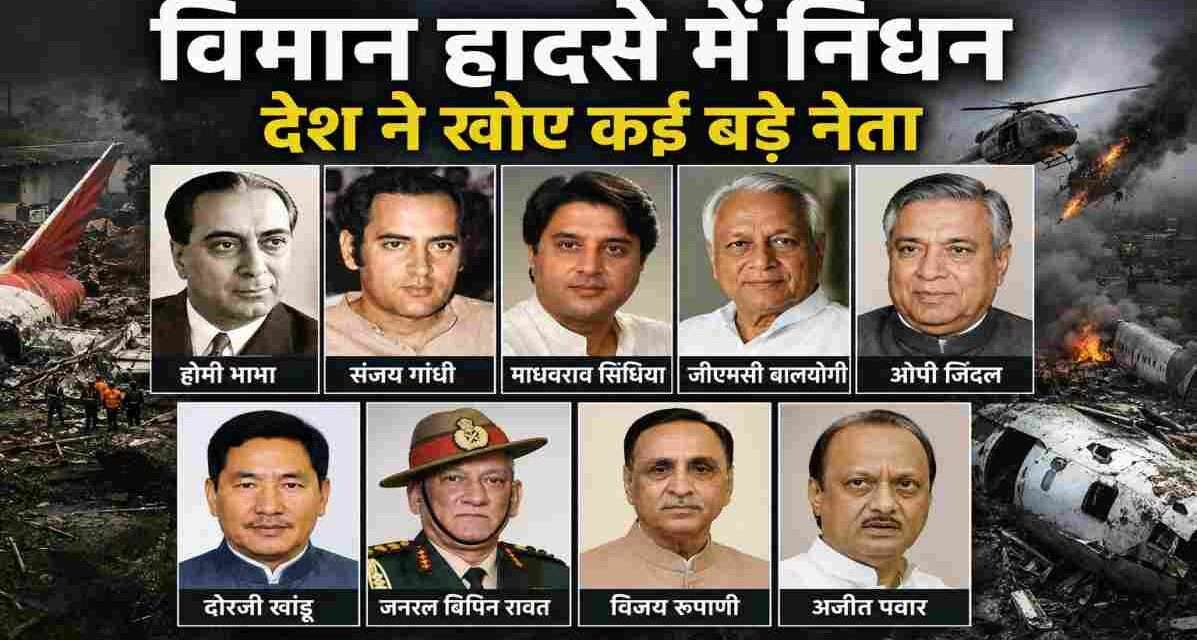 भारत के प्रमुख नेताओं और सार्वजनिक हस्तियों की तस्वीरों का कोलाज, जिन्होंने विमान या हेलीकॉप्टर दुर्घटनाओं में अपनी जान गंवाई।