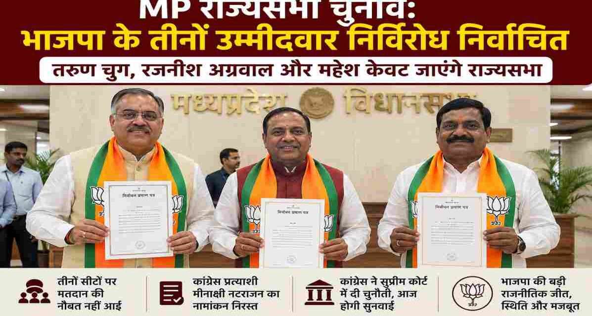 मध्य प्रदेश विधानसभा परिसर में निर्वाचन प्रमाण पत्र प्राप्त करते भाजपा नेता तरुण चुग, रजनीश अग्रवाल और महेश केवट।