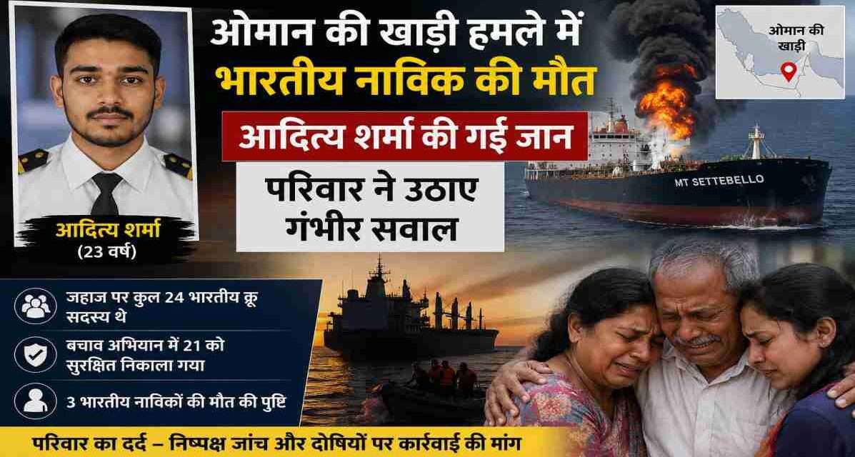 ओमान की खाड़ी में जहाज पर हुए हमले के बाद भारतीय नाविक आदित्य शर्मा की मौत की पुष्टि, परिवार और देश में शोक।