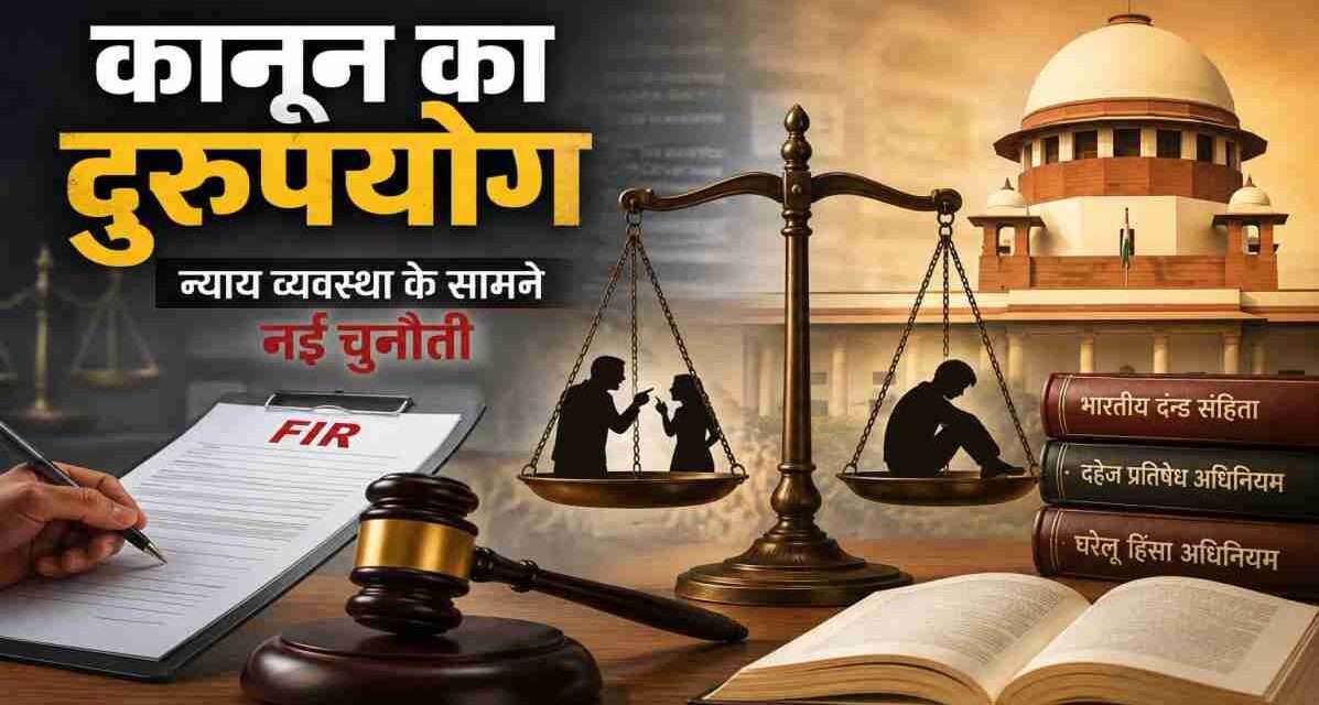 अदालत, न्याय की तराजू और कानूनी दस्तावेजों का सांकेतिक दृश्य, जो कानून के दुरुपयोग और न्यायिक जवाबदेही के विषय को दर्शाता है।