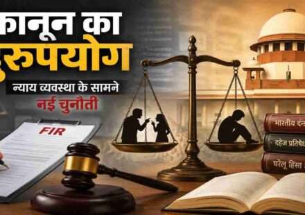अदालत, न्याय की तराजू और कानूनी दस्तावेजों का सांकेतिक दृश्य, जो कानून के दुरुपयोग और न्यायिक जवाबदेही के विषय को दर्शाता है।
