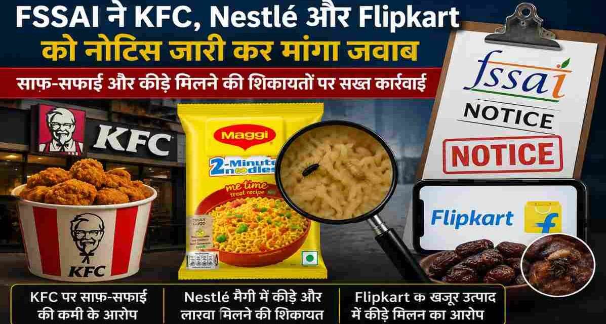 प्रतीकात्मक तस्वीर जिसमें FSSAI, KFC, Nestlé Maggi और Flipkart से जुड़े खाद्य सुरक्षा एवं गुणवत्ता जांच को दर्शाया गया है।