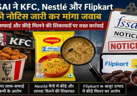 प्रतीकात्मक तस्वीर जिसमें FSSAI, KFC, Nestlé Maggi और Flipkart से जुड़े खाद्य सुरक्षा एवं गुणवत्ता जांच को दर्शाया गया है।