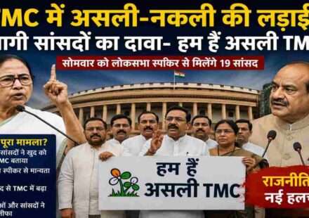 लोकसभा परिसर की पृष्ठभूमि में TMC के बागी सांसदों की प्रतीकात्मक तस्वीर, जो असली TMC होने का दावा करते हुए स्पीकर से मान्यता मांग रहे हैं।