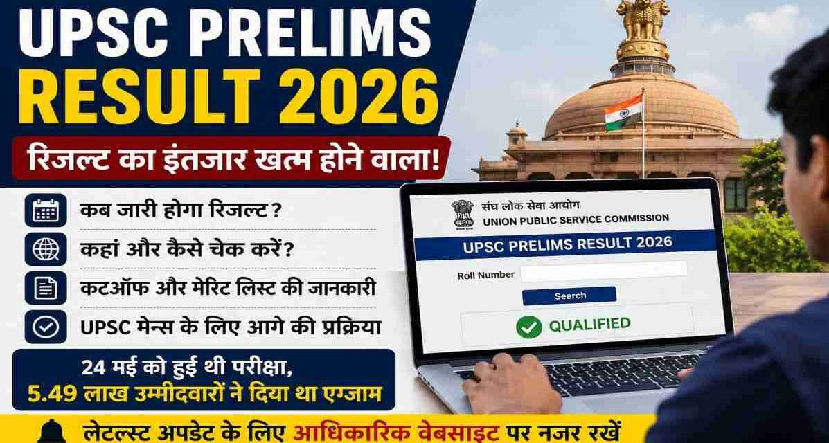 UPSC Civil Services Preliminary Examination 2026 result update showing candidates checking result online with official UPSC website background.