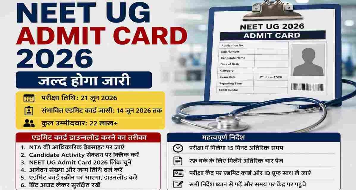 NTA द्वारा आयोजित NEET UG 2026 परीक्षा के लिए एडमिट कार्ड, परीक्षा तिथि, डाउनलोड प्रक्रिया और महत्वपूर्ण निर्देश।