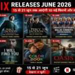 Netflix के जून 2026 रिलीज शेड्यूल को दर्शाता पोस्टर, जिसमें Percy Jackson, I Will Find You, Oasis और अन्य नई फिल्में व वेब सीरीज शामिल हैं।