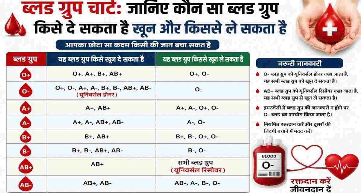 एक मेडिकल इन्फोग्राफिक जिसमें O-, O+, A+, A-, B+, B-, AB+ और AB- ब्लड ग्रुप की डोनेशन एवं रिसीविंग क्षमता को दर्शाया गया है।