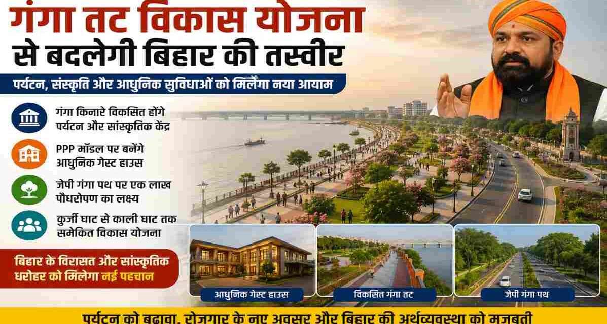 मुख्यमंत्री सम्राट चौधरी की पहल के तहत गंगा तट विकास योजना में जेपी गंगा पथ, आधुनिक गेस्ट हाउस और पर्यटन सुविधाओं के विस्तार पर जोर।