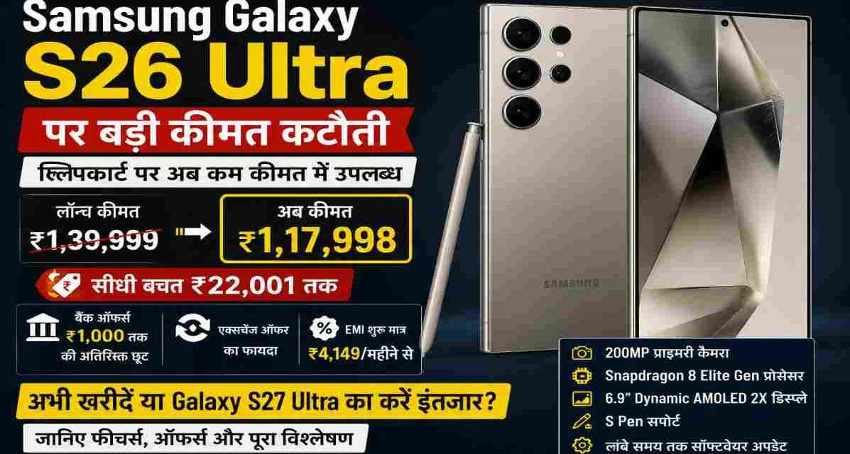Samsung Galaxy S26 Ultra का प्रीमियम डिजाइन, 200MP कैमरा और बड़ी डिस्काउंट ऑफर को दर्शाती हुई हाई-क्वालिटी स्मार्टफोन इमेज।