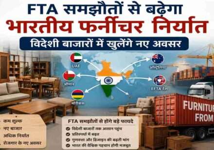 भारतीय फर्नीचर निर्यात को बढ़ावा देने वाले FTA समझौतों और विदेशी बाजारों में बढ़ती मांग को दर्शाती प्रतीकात्मक तस्वीर।