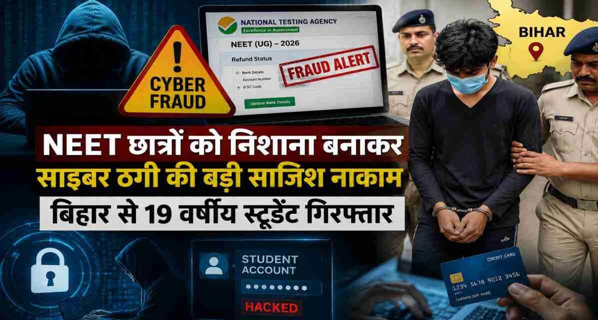 NEET-UG 2026 से जुड़े साइबर फ्रॉड मामले में अहमदाबाद साइबर क्राइम ब्रांच और NTA की कार्रवाई को दर्शाती प्रतीकात्मक तस्वीर, जिसमें छात्रों के अकाउंट्स की सुरक्षा और ऑनलाइन धोखाधड़ी पर फोकस किया गया है।