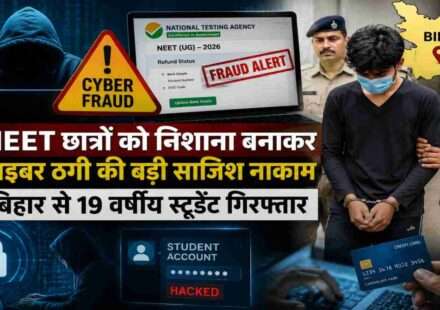 NEET-UG 2026 से जुड़े साइबर फ्रॉड मामले में अहमदाबाद साइबर क्राइम ब्रांच और NTA की कार्रवाई को दर्शाती प्रतीकात्मक तस्वीर, जिसमें छात्रों के अकाउंट्स की सुरक्षा और ऑनलाइन धोखाधड़ी पर फोकस किया गया है।