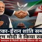 प्रधानमंत्री नरेंद्र मोदी की तस्वीर के साथ अमेरिका और ईरान के झंडे, पृष्ठभूमि में शांति वार्ता और वैश्विक व्यापार मार्ग को दर्शाता हुआ प्रतीकात्मक दृश्य।