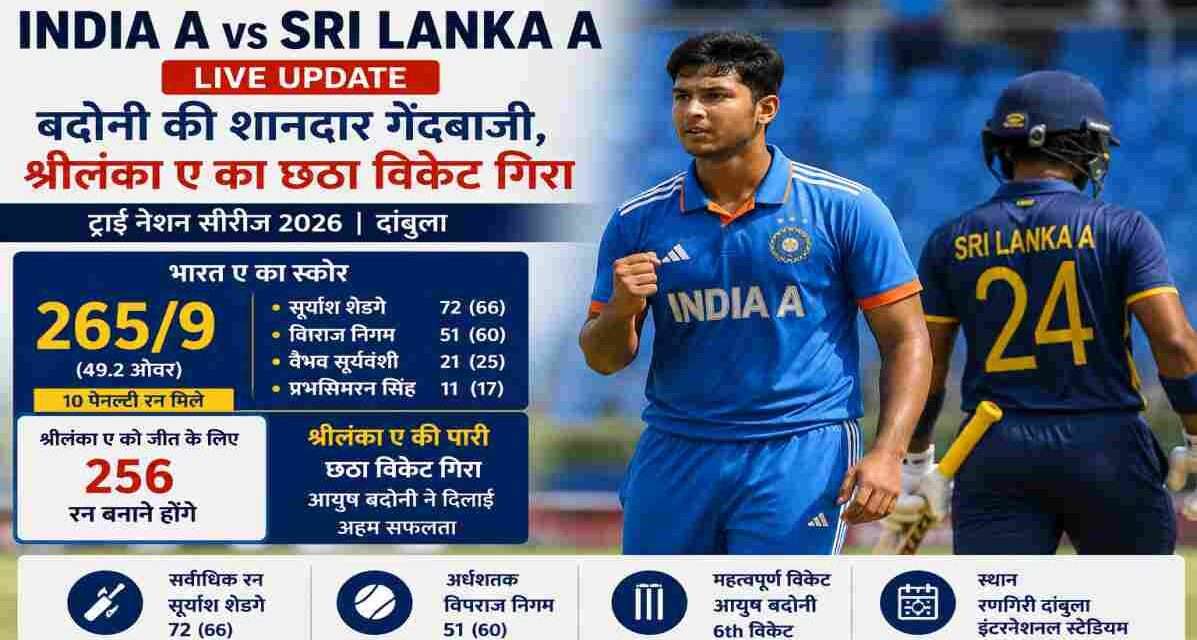 ट्राई नेशन सीरीज 2026 के भारत ए बनाम श्रीलंका ए मुकाबले में भारतीय टीम ने 265 रन बनाए। आयुष बदोनी ने शानदार गेंदबाजी करते हुए श्रीलंका ए का छठा विकेट हासिल किया।